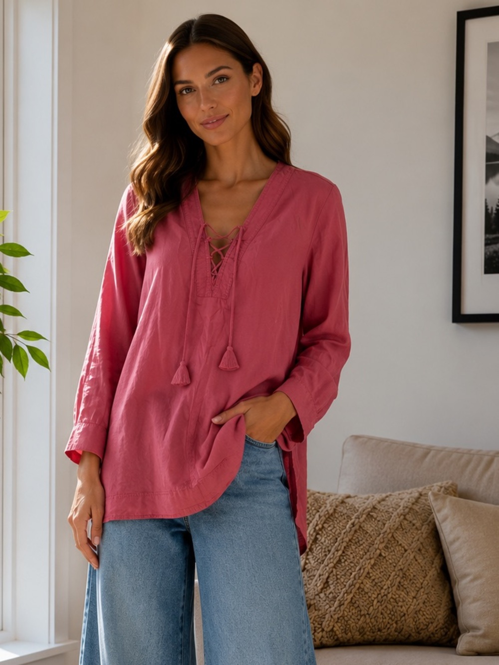 J. Jill Coral Tunic Top Tie Neck 100% Tencel‎ size Medium